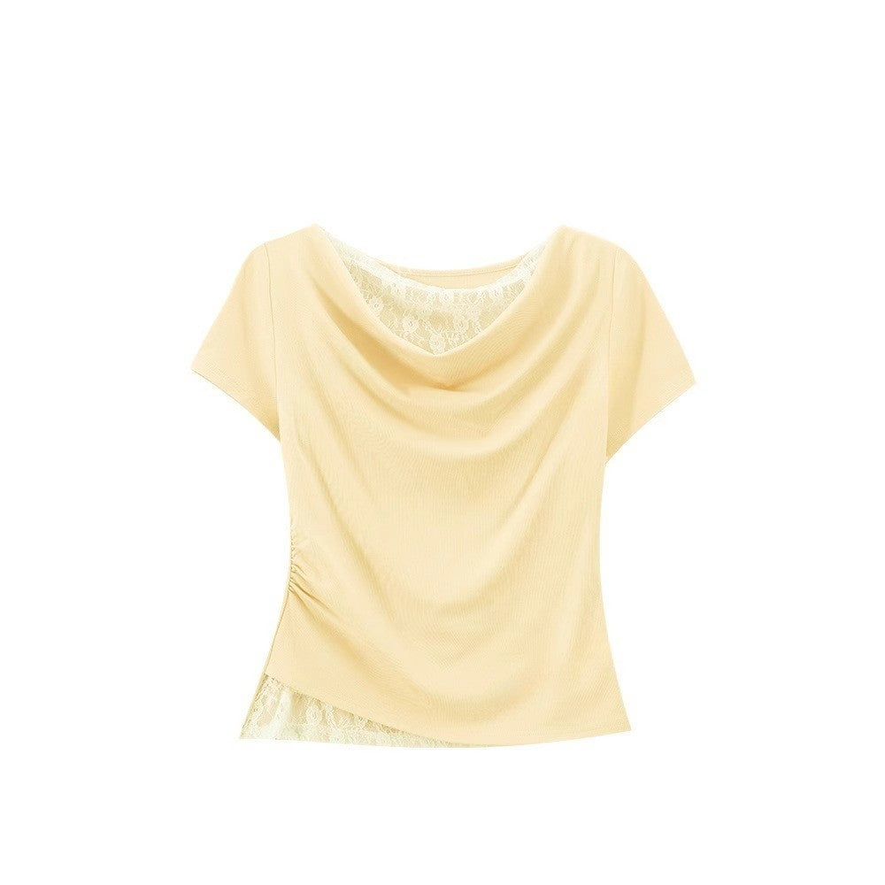 Off-Shoulder Lace Spliced Short Sleeve T-Shirt for Women, Elegant and Sexy Fitted Top with Ruffled Neckline