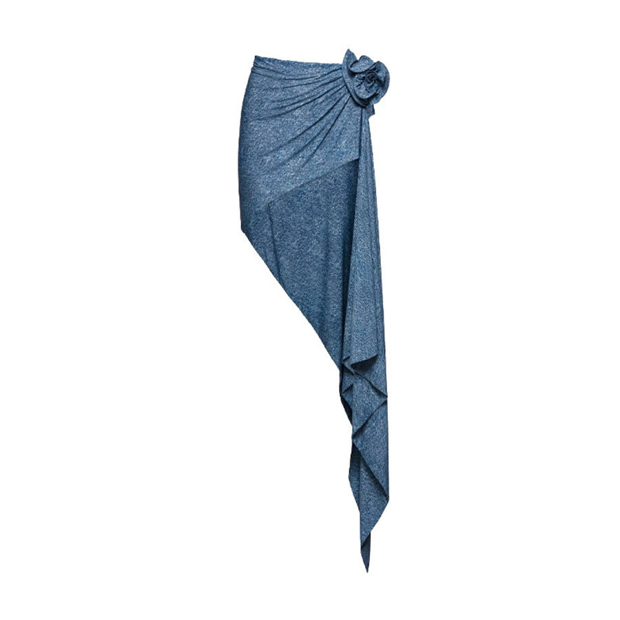 One-Shoulder Hollow-Out Soft Denim One-Piece Swimsuit with Flower Decoration for Women