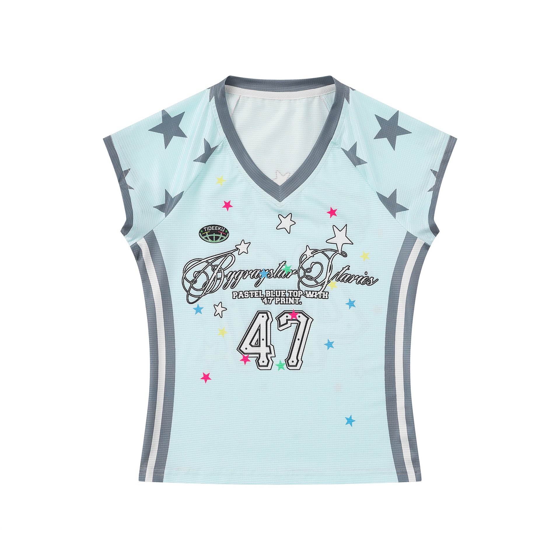 Girl Star Print V-Neck Short Sleeve T-Shirt Color Block Sporty Fitted Cropped Style