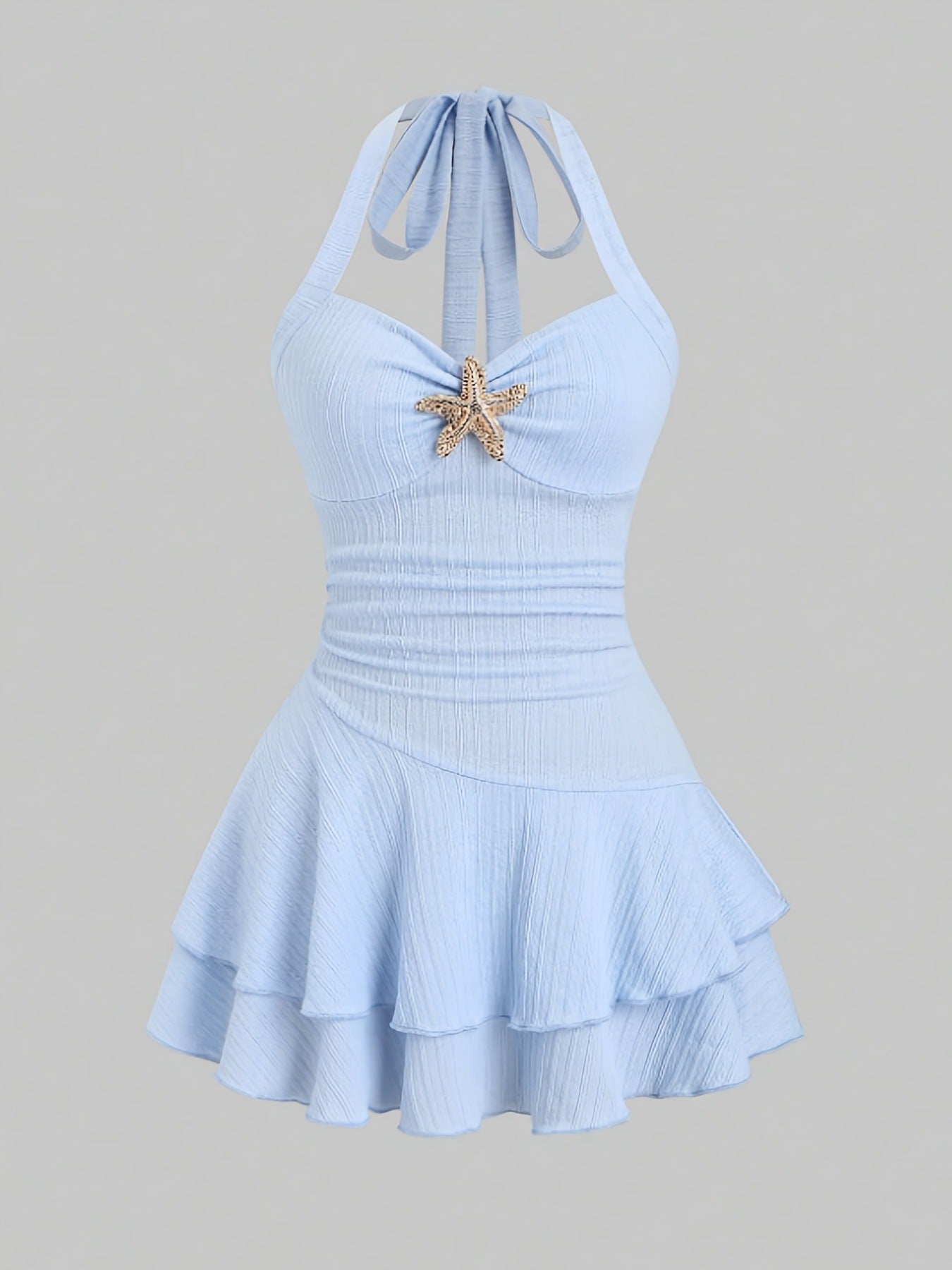 Halter neck slip dress with starfish decoration, pleated, waist-cinching short skirt