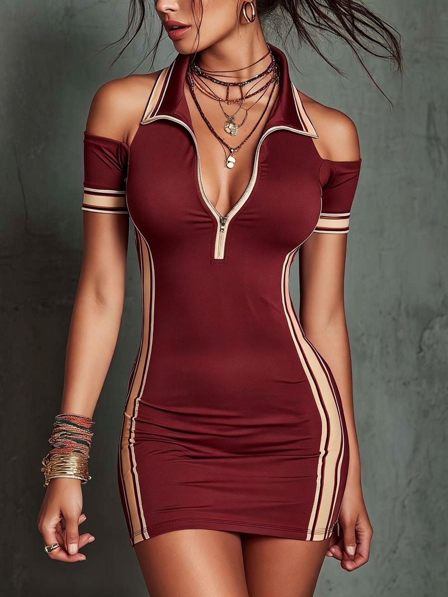Elastic contrasting striped tight mini dress