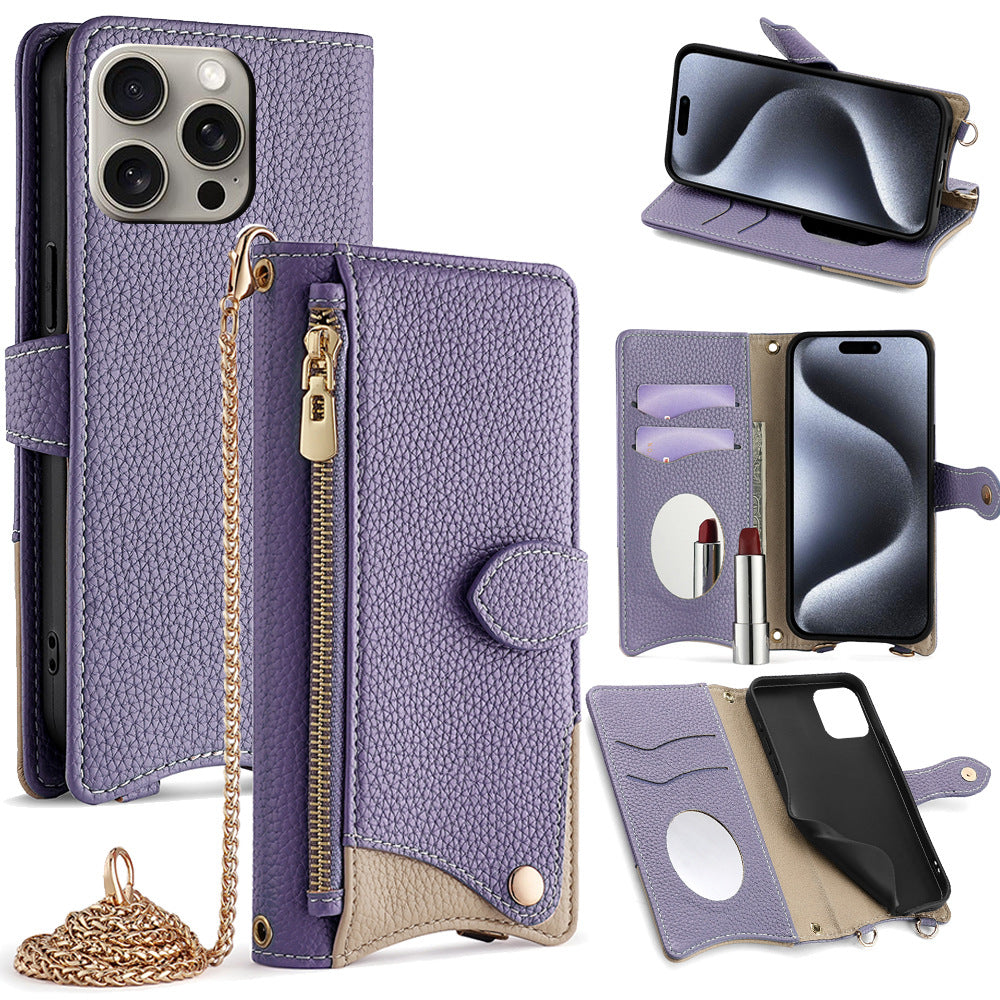 Makeup mirror Apple 17 Promax crossbody phone case suitable for iPhone 15 stand 16 card insertion 13 phone case