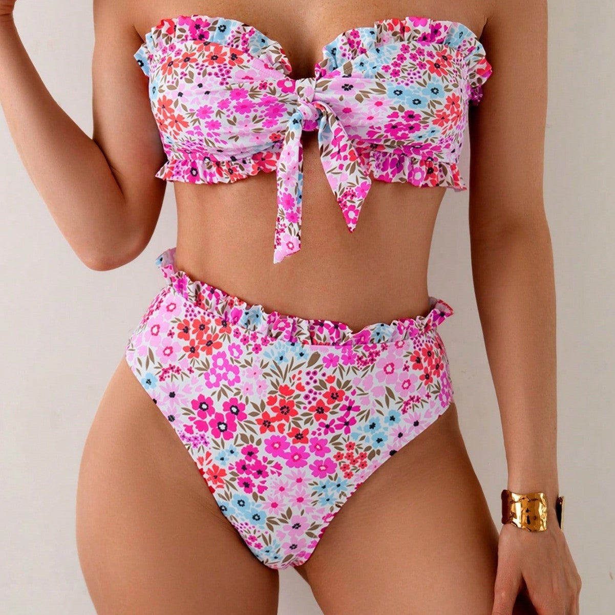 Lace strap three-point swimsuit top bikini