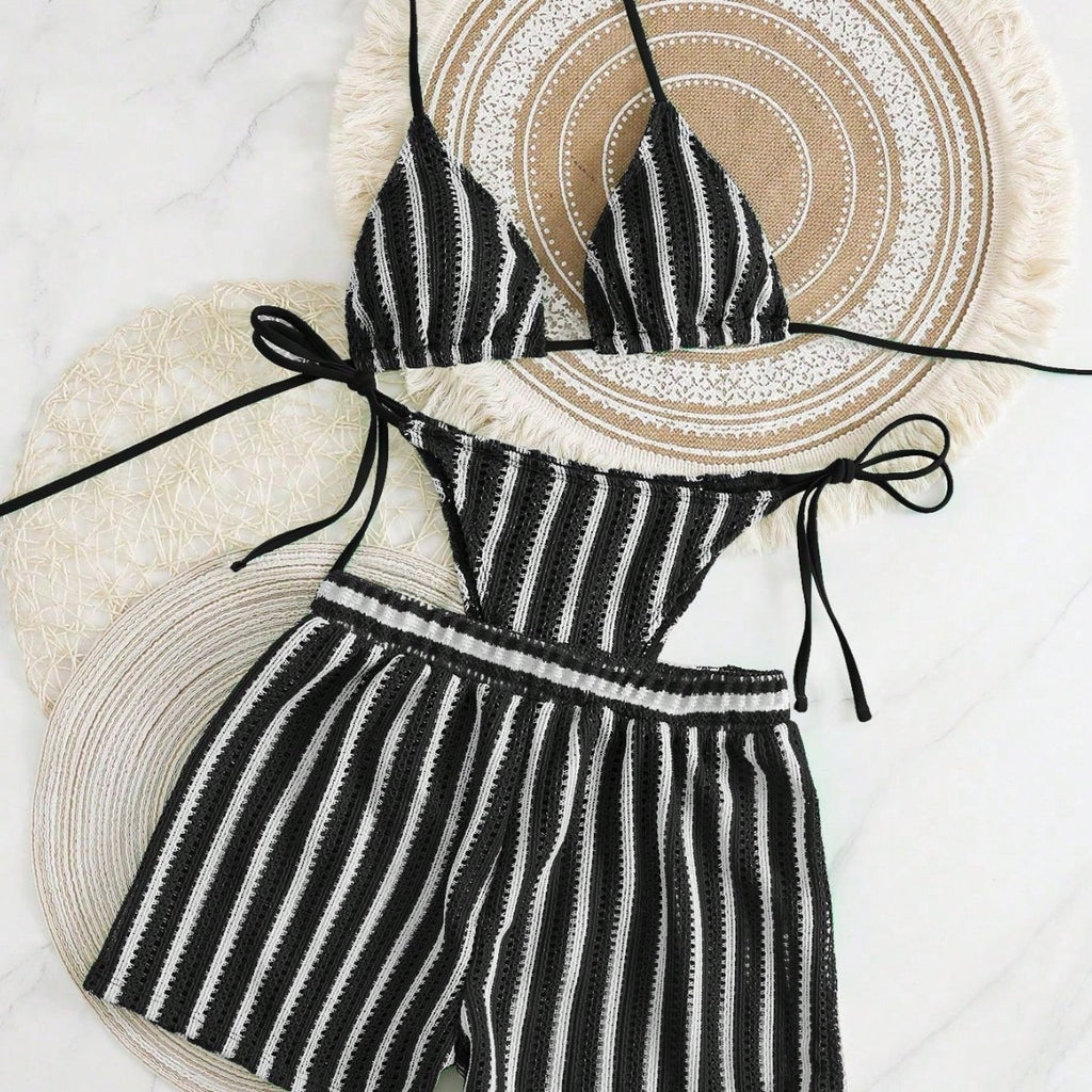 Striped neck hanging bikini swimsuit for women