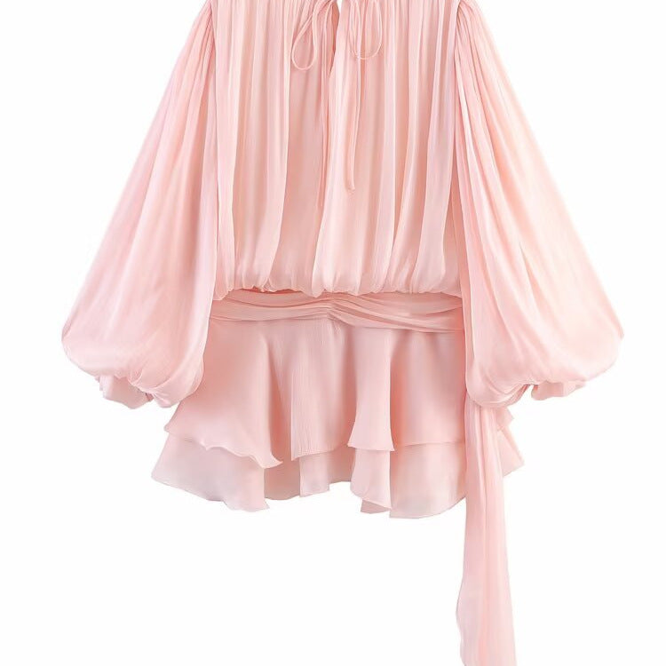 Pure Desire Wind Bubble Sleeve Ruffle Folded Dress