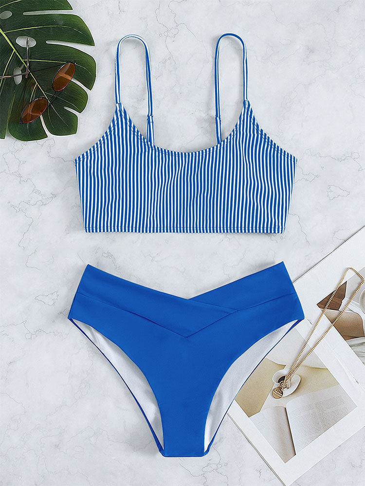 Striped Conservative High-Waisted Bikini Swimwear