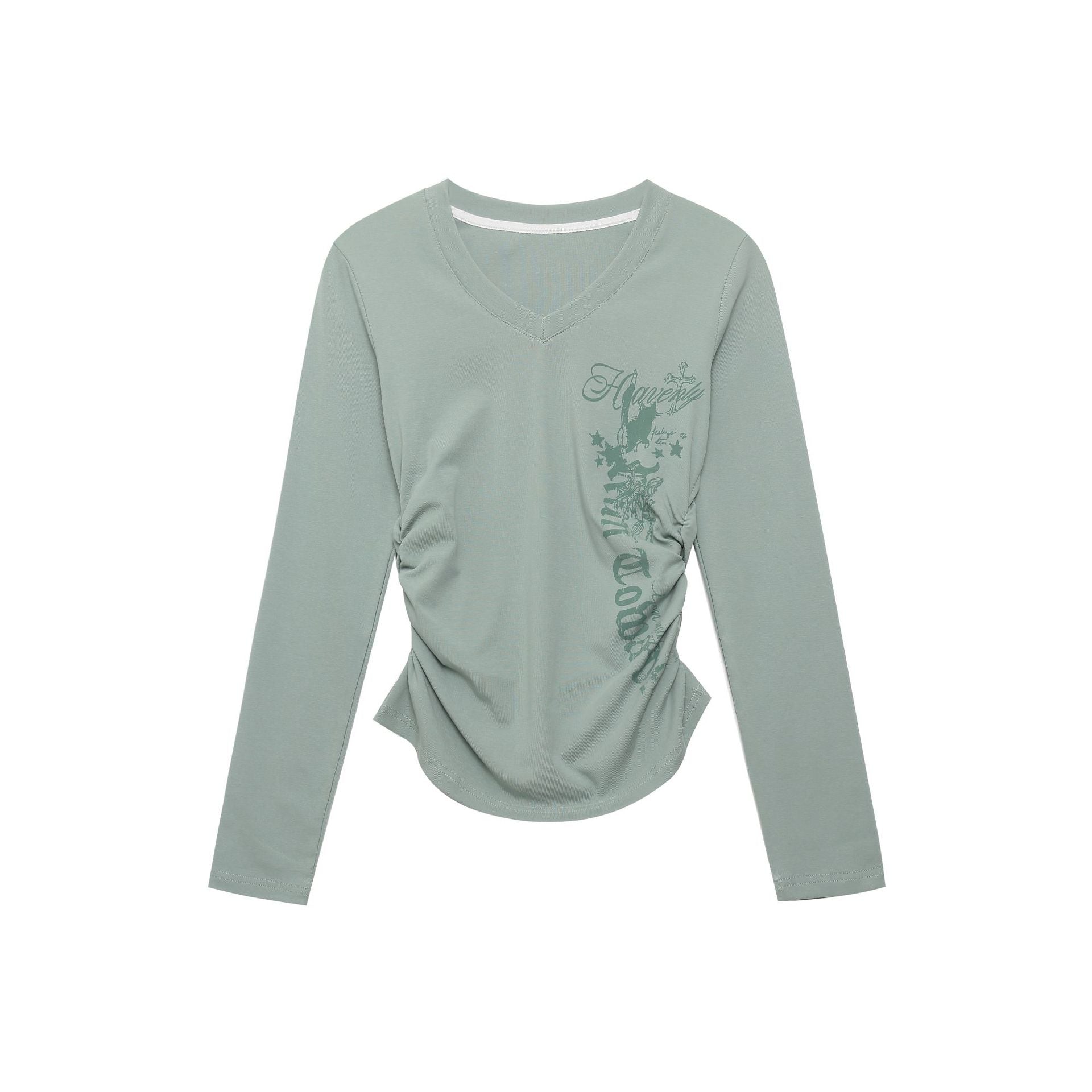 Side Pleated V-Neck Long Sleeve Top Letter Print Waist-Cinching Slim-Fitting Basic T-Shirt