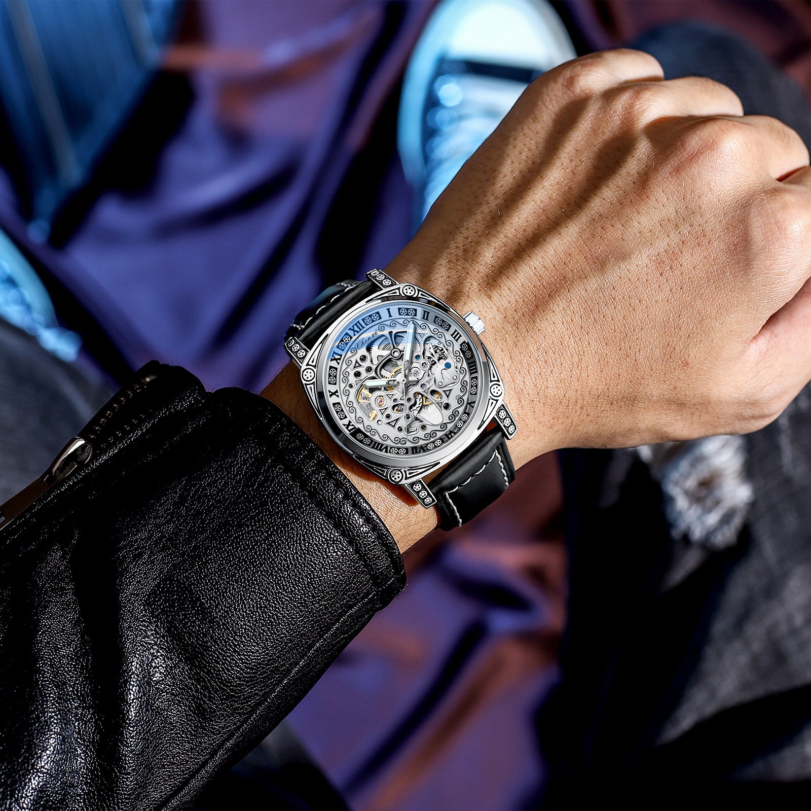 Dress: Vintage Engraved Mechanical Watch Men's Leather Waterproof Hollow-Out Fashion Style Men's Watch