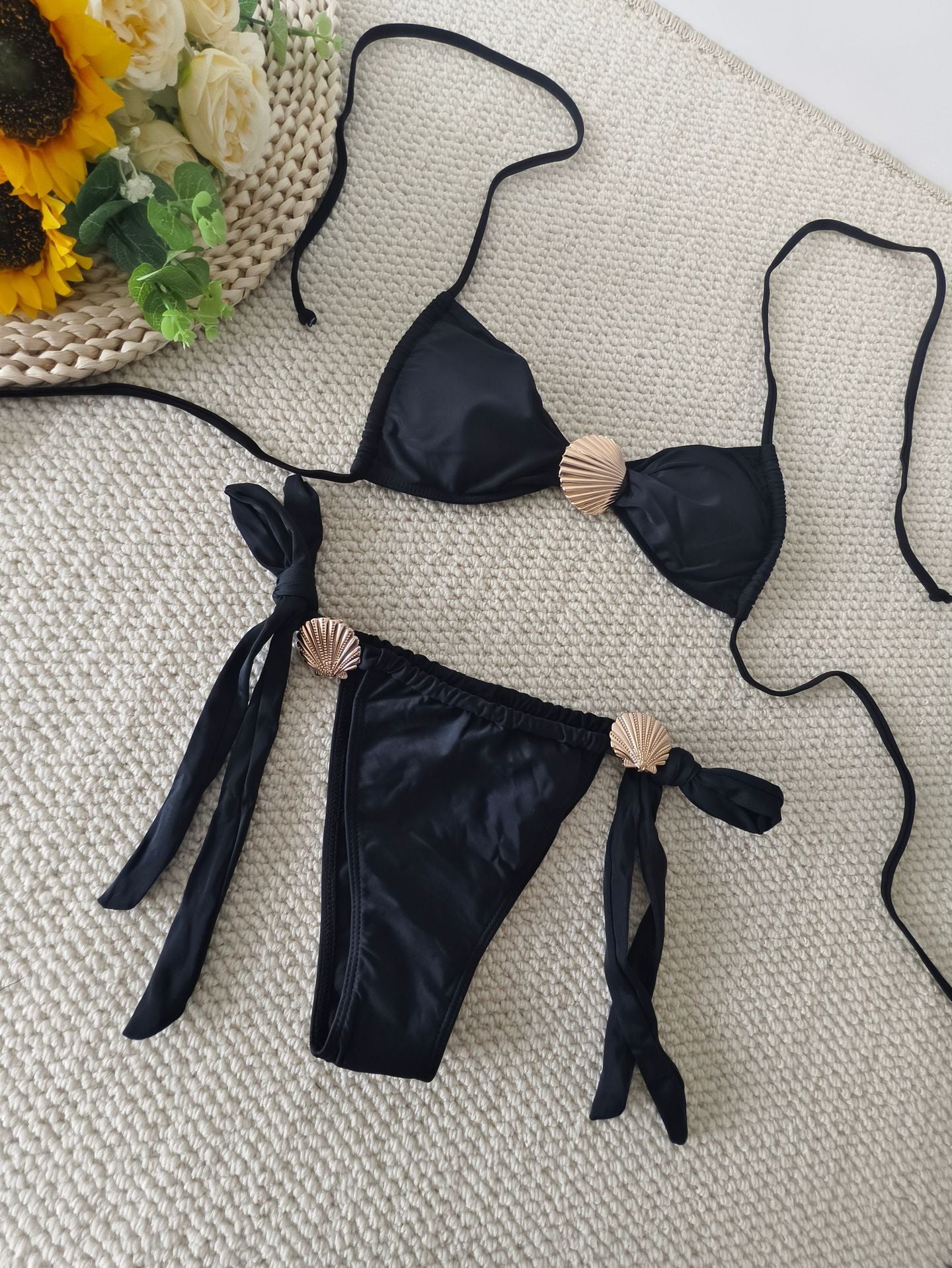 Shell metal buckle triangle cup bikini