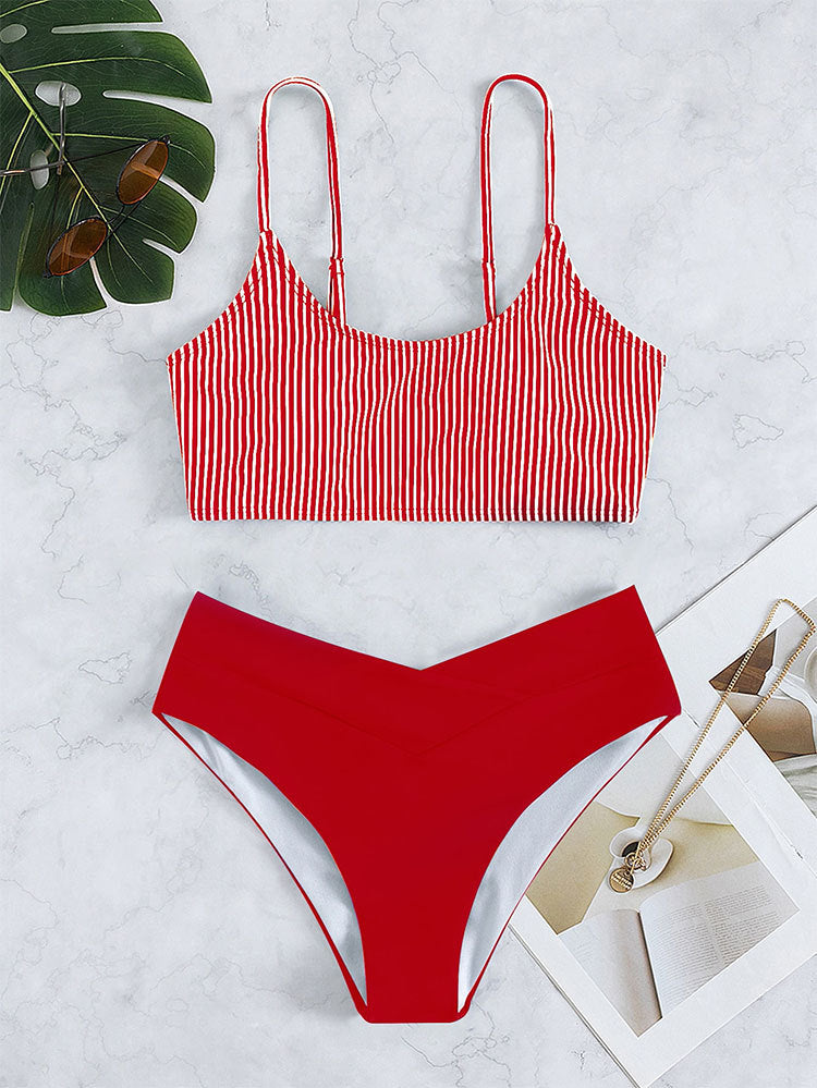 Striped Conservative High-Waisted Bikini Swimwear