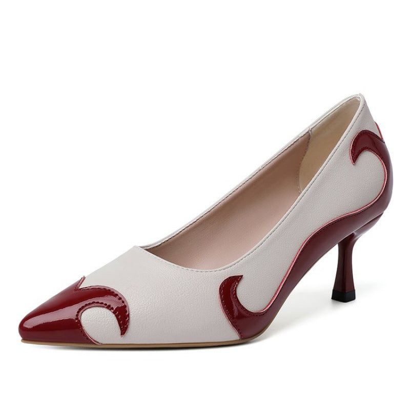Red and green dragonfly pointed slender heel banquet women's shoes color blocked single shoes for women