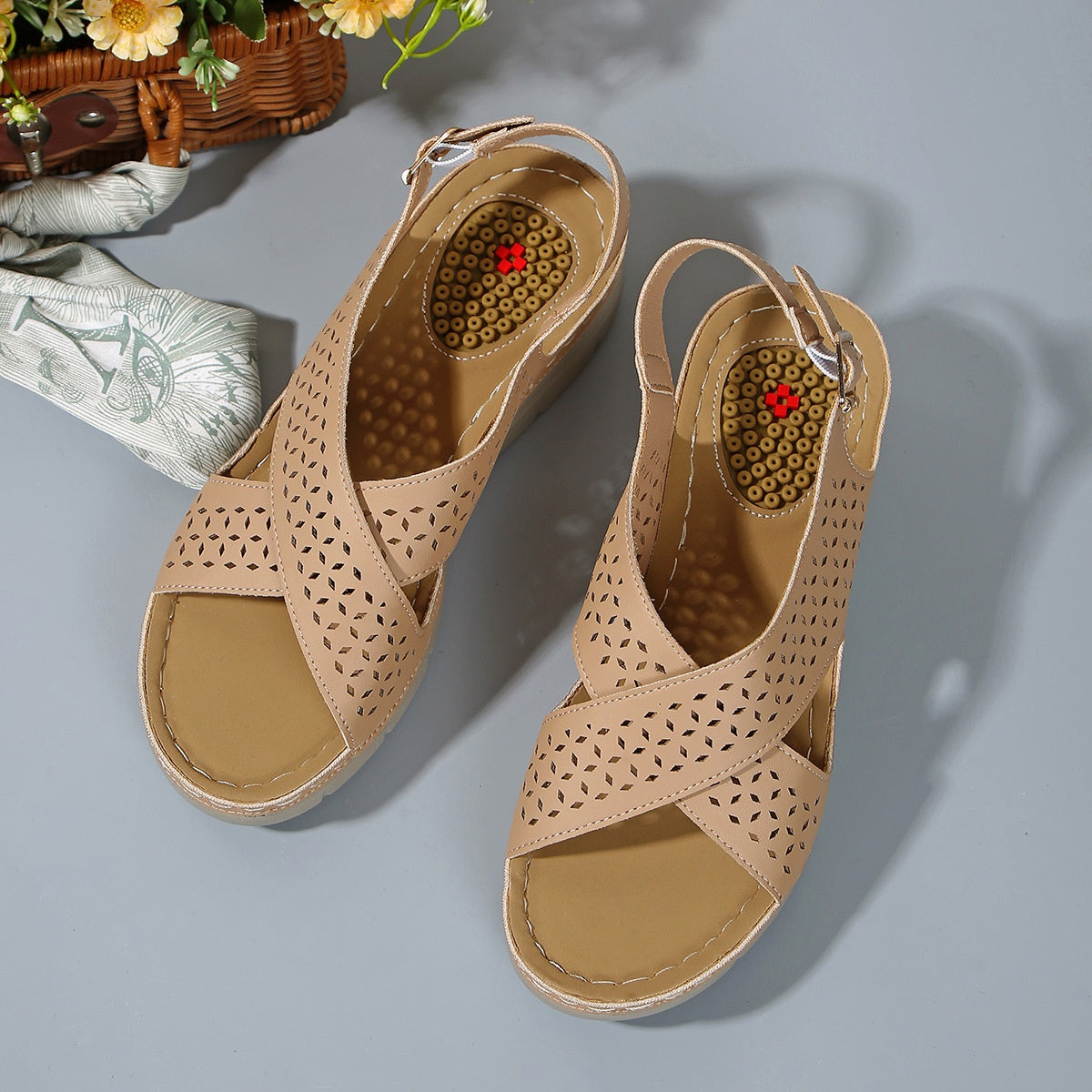 Hollow cross strap thick soled sandals for women, lightweight wedge and beach sandals