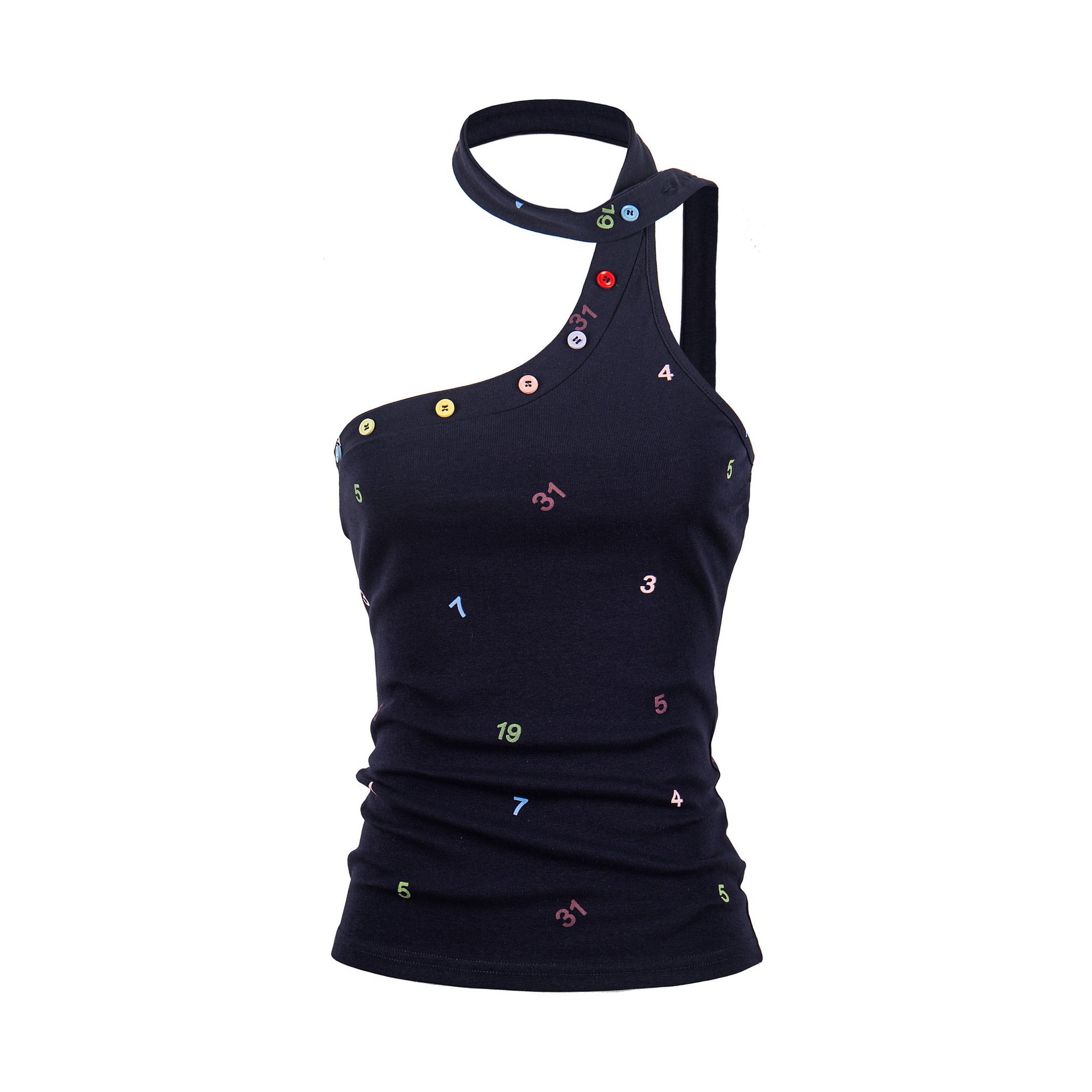 Single Shoulder Strap Crop Top for Women, Digital Print Button Detail Fitted Slimming Top