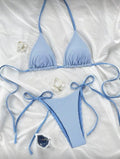 Blue and white striped split bikini neck tie swimsuit