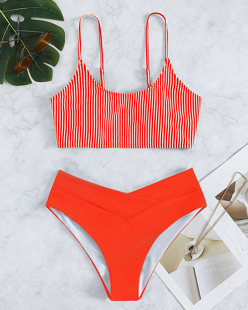 Striped Conservative High-Waisted Bikini Swimwear