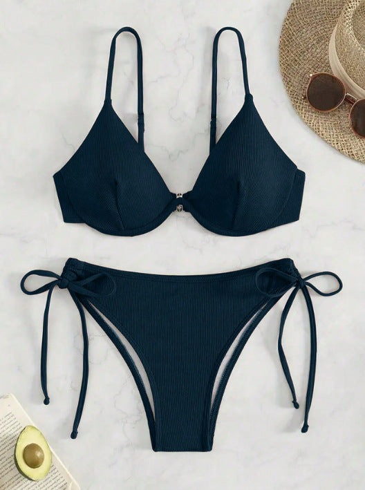 Solid color collar bikini set