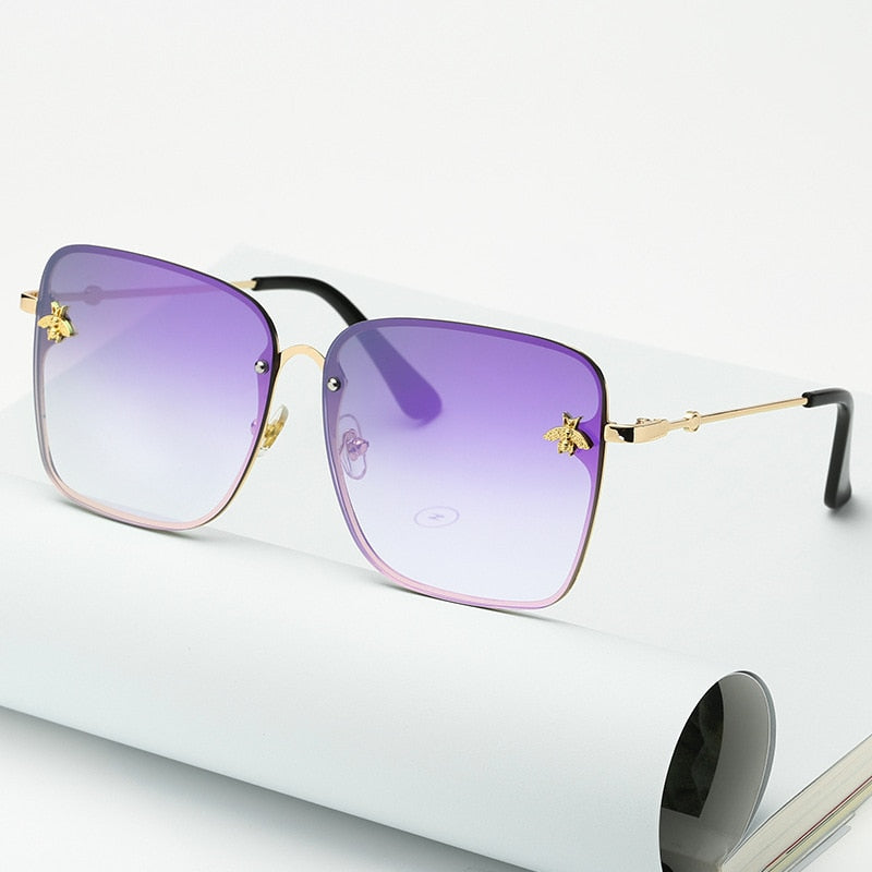 New Fashion Lady Oversize Rimless Square Bee Sunglasses Women Men Small Bee Glasses Gradient Sun Glasses Female UV400