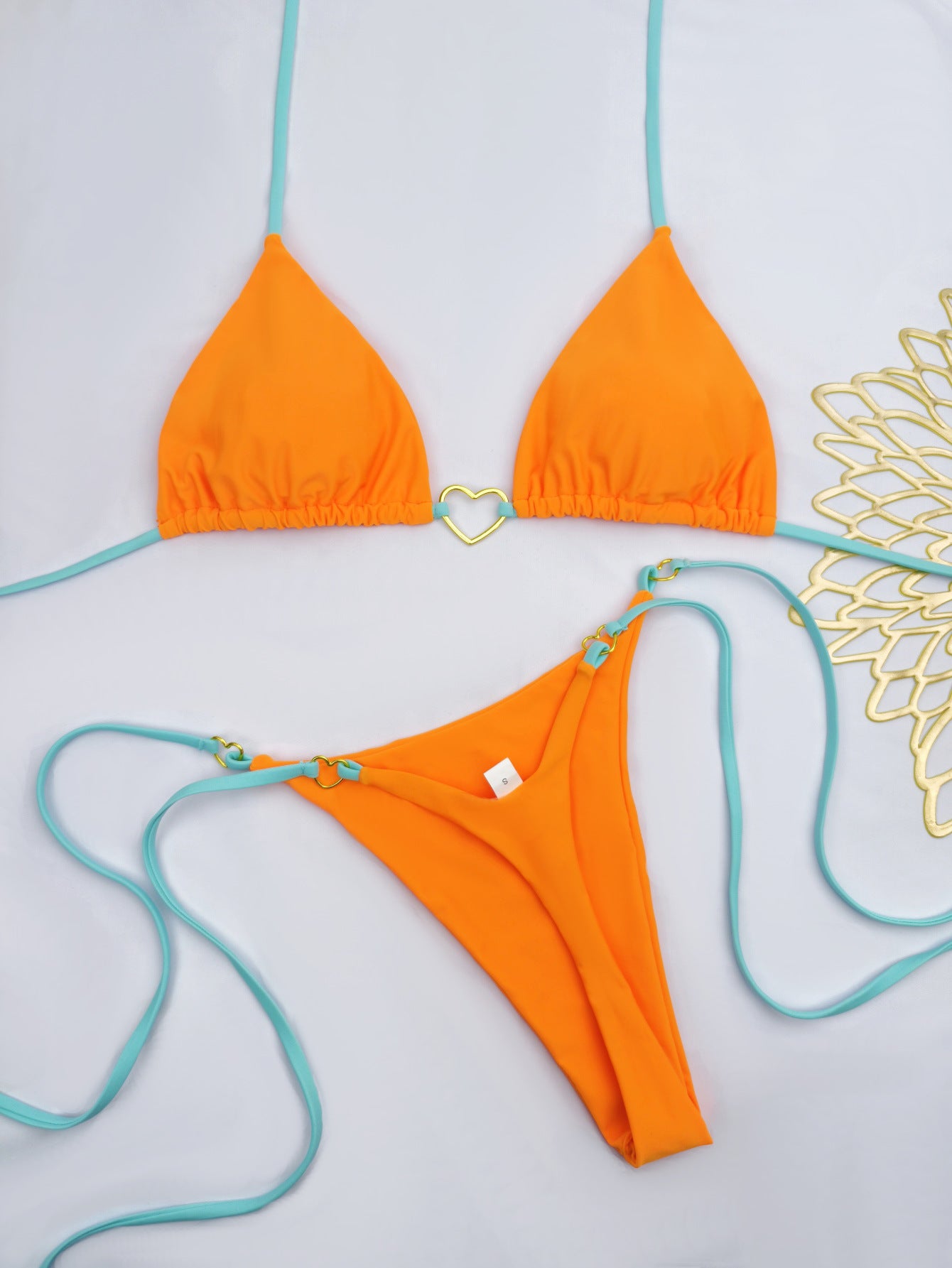 Heart shaped metal buckle triangle cup bikini