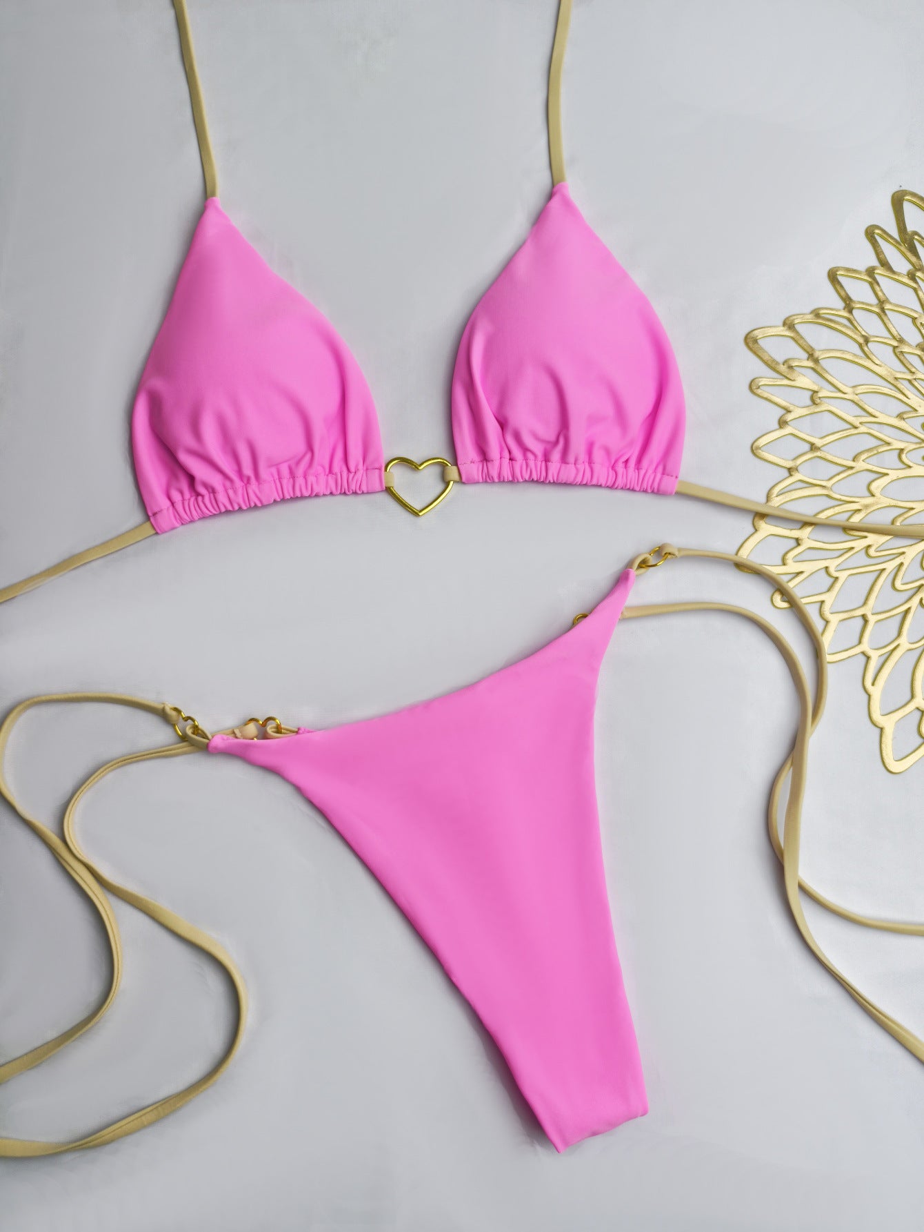 Heart shaped metal buckle triangle cup bikini