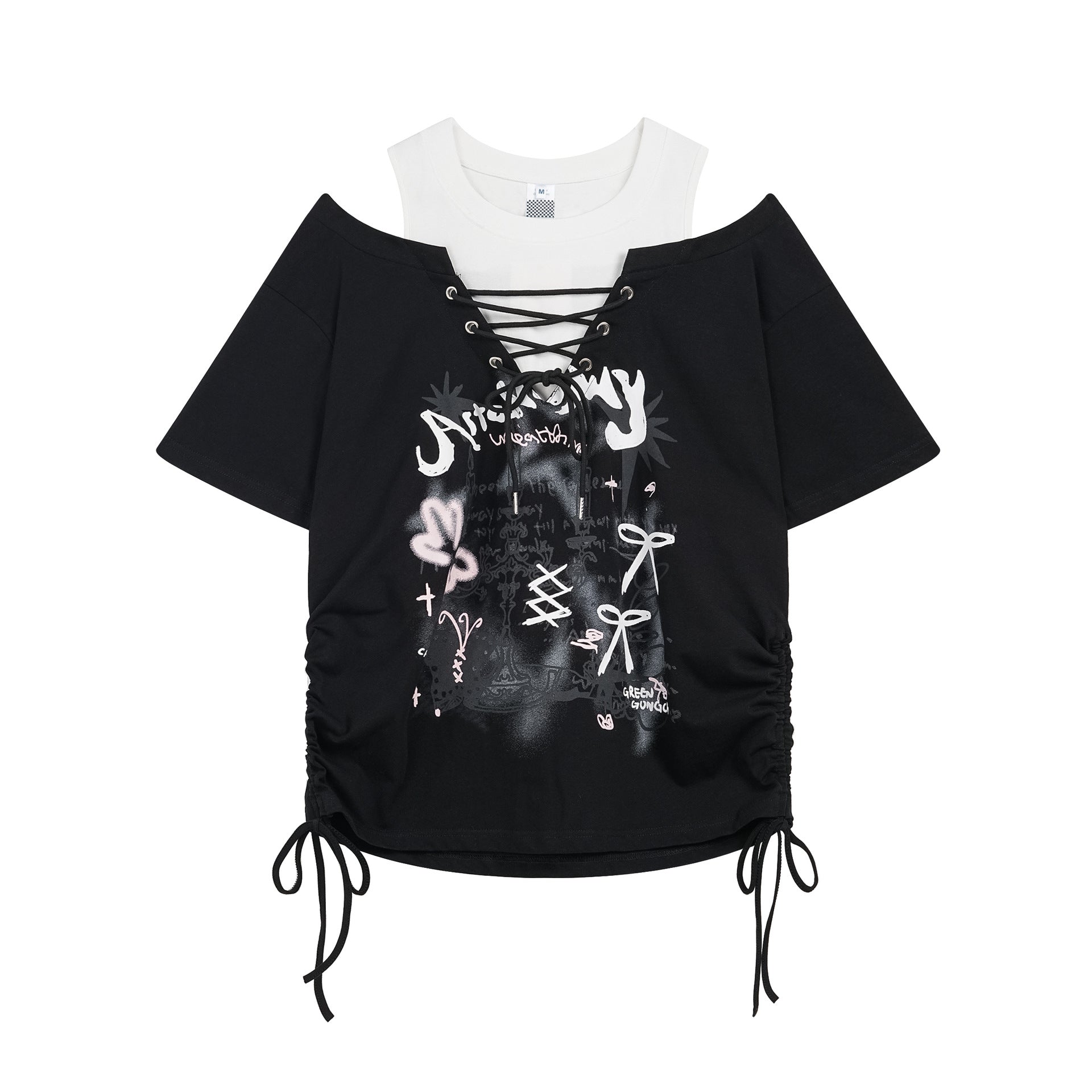Candlestick Graffiti Printed Off-Shoulder T-Shirt for Women, Drawstring Tie-Up Pleated Slim-Fitting Top