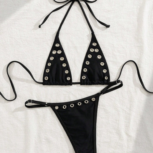 Black neck hanging triangle cup bikini set