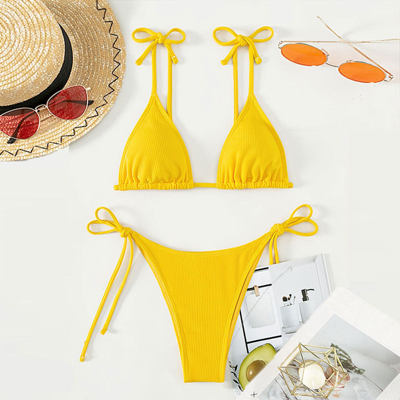 Solid color lace up three-point bikini