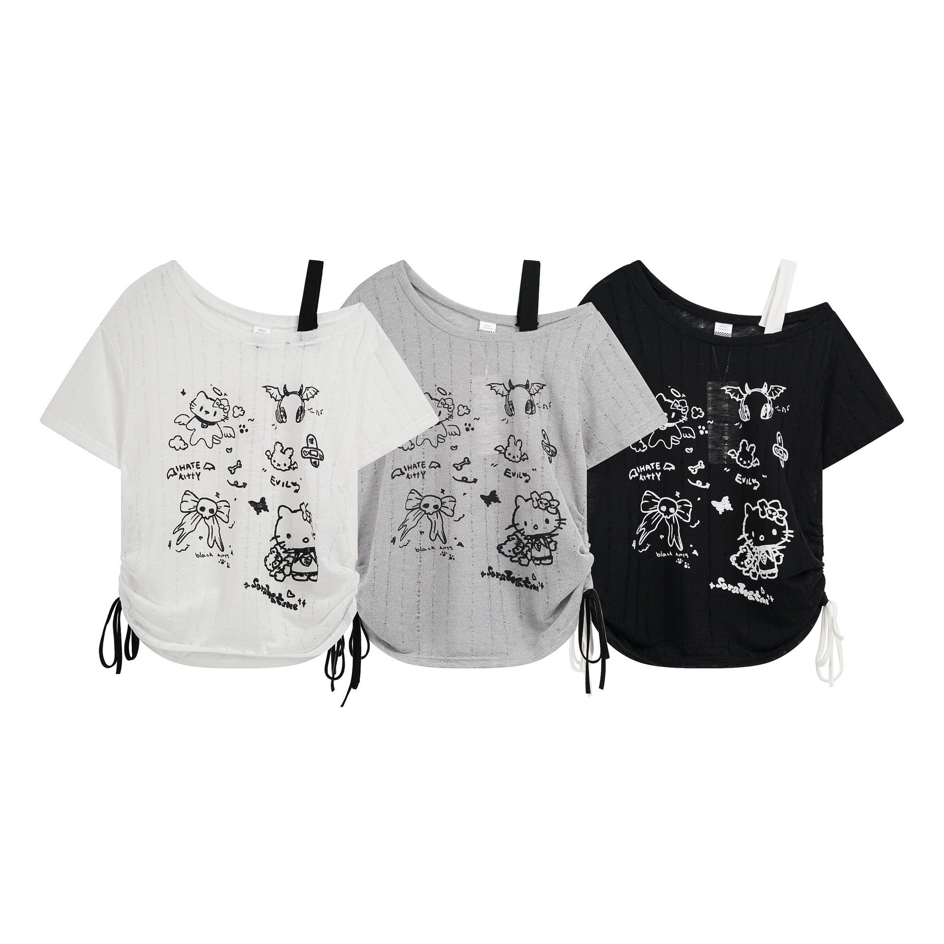 Cartoon Kitty Print T-Shirt with Contrast Shoulder Straps, Fitted Slim Fit Short Sleeve
