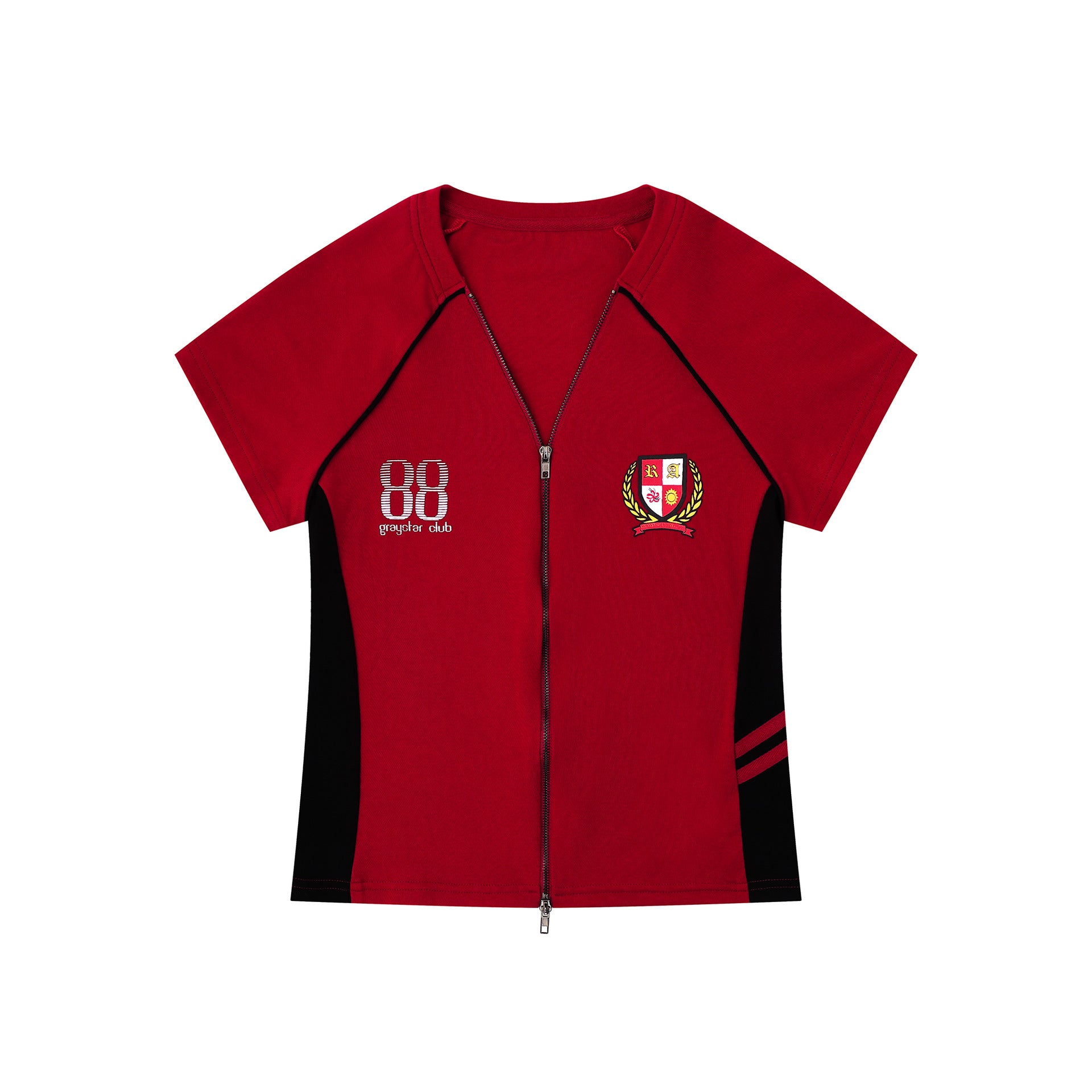 Badge Zipper T-Shirt for Women, Color-Blocking Wide Sleeve Fitted Slim Fit Top
