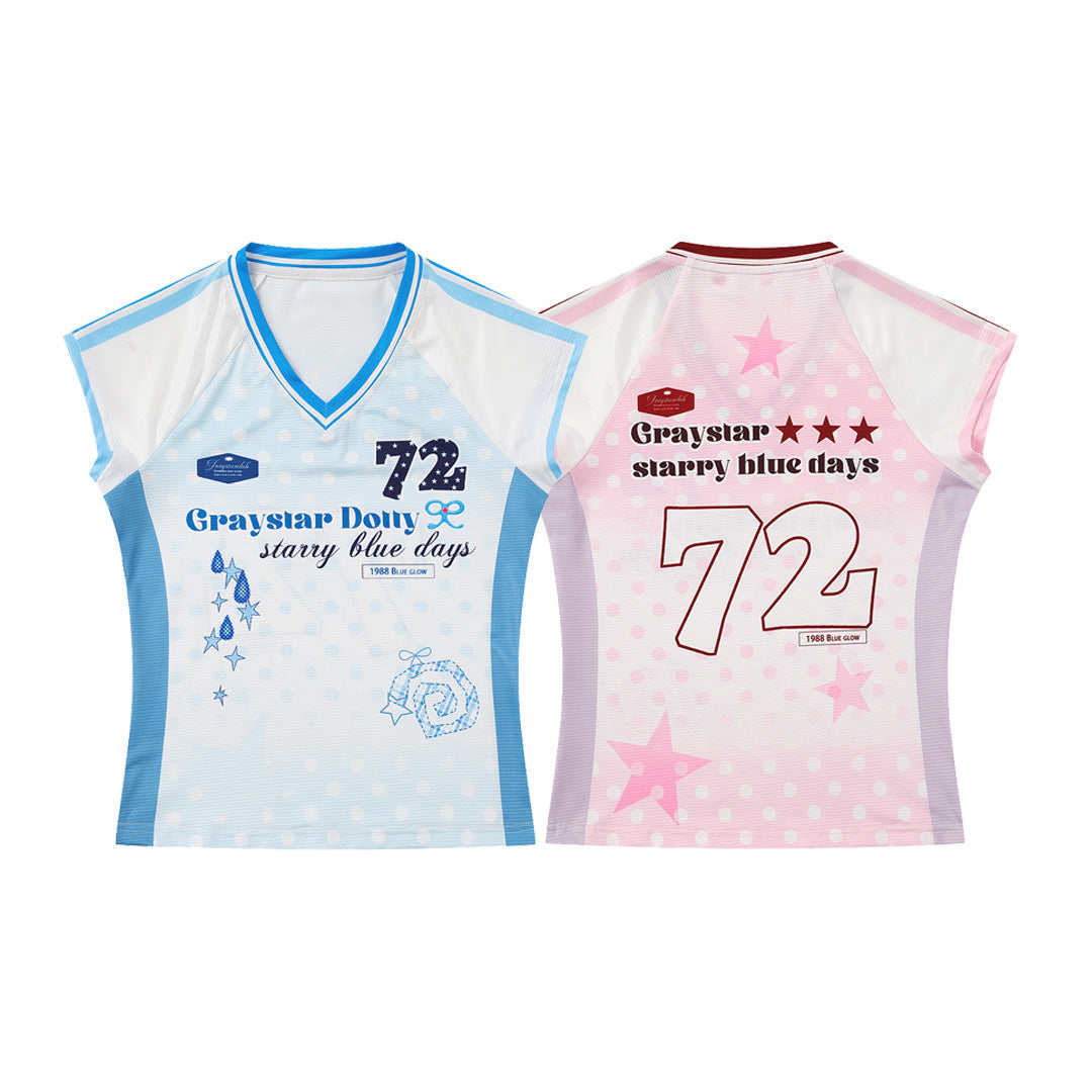 Color-block Printed Sport T-shirt American Vintage V-neck Slim Fit Jersey