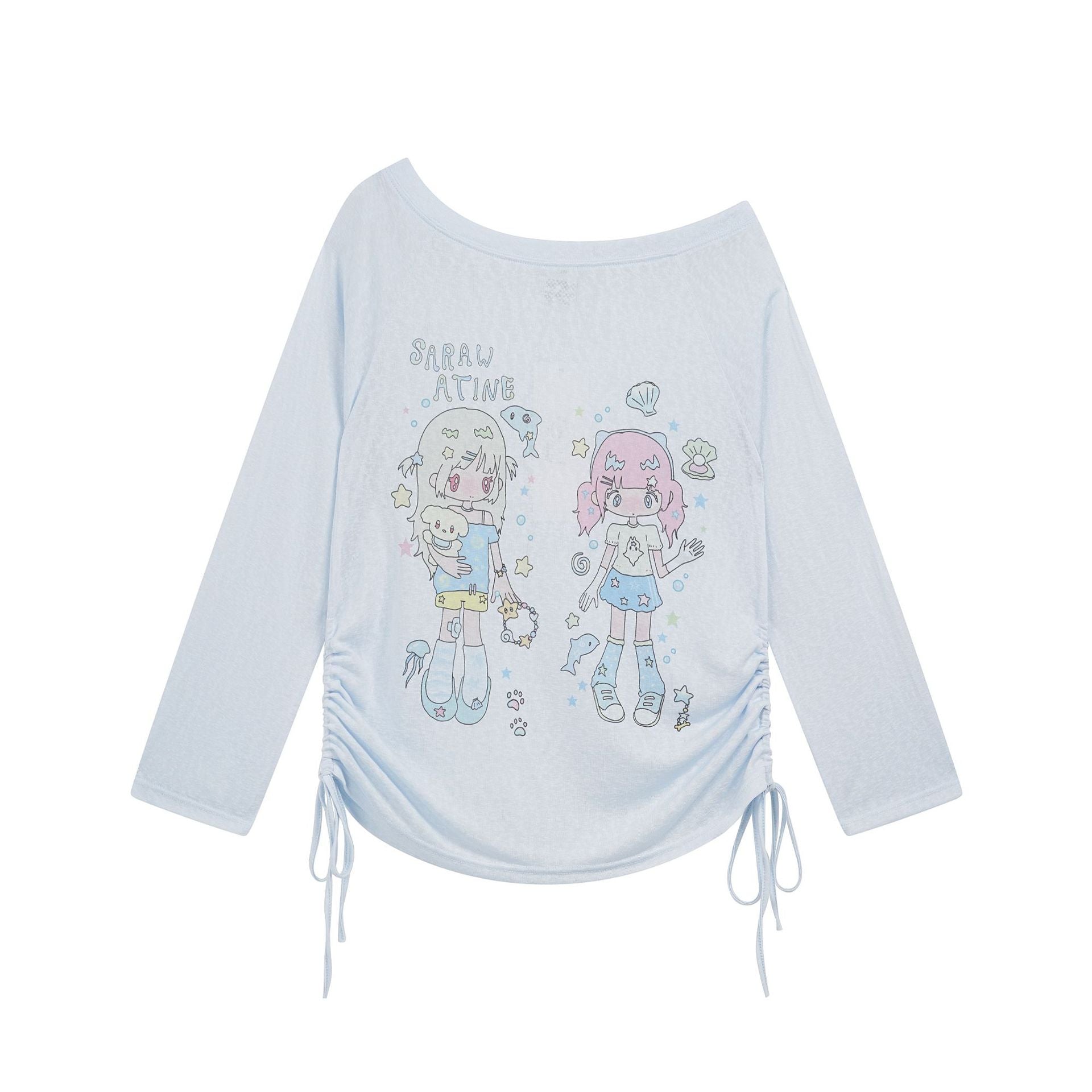 Ocean Girl Print Top Drawstring Ruffle Sweet Style Loose Long Sleeve Hoodie
