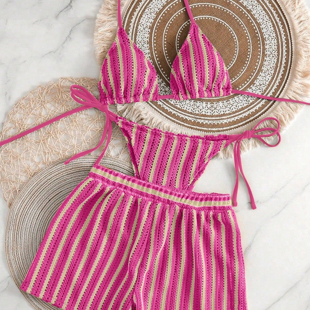 Striped neck hanging bikini swimsuit for women