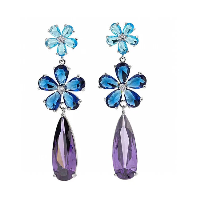 Fashion Color Cubic Zirconia Flower Long Earring for Wedding Pave Color Cubic Zirconia Party Jewelry Gift Long Water Drop