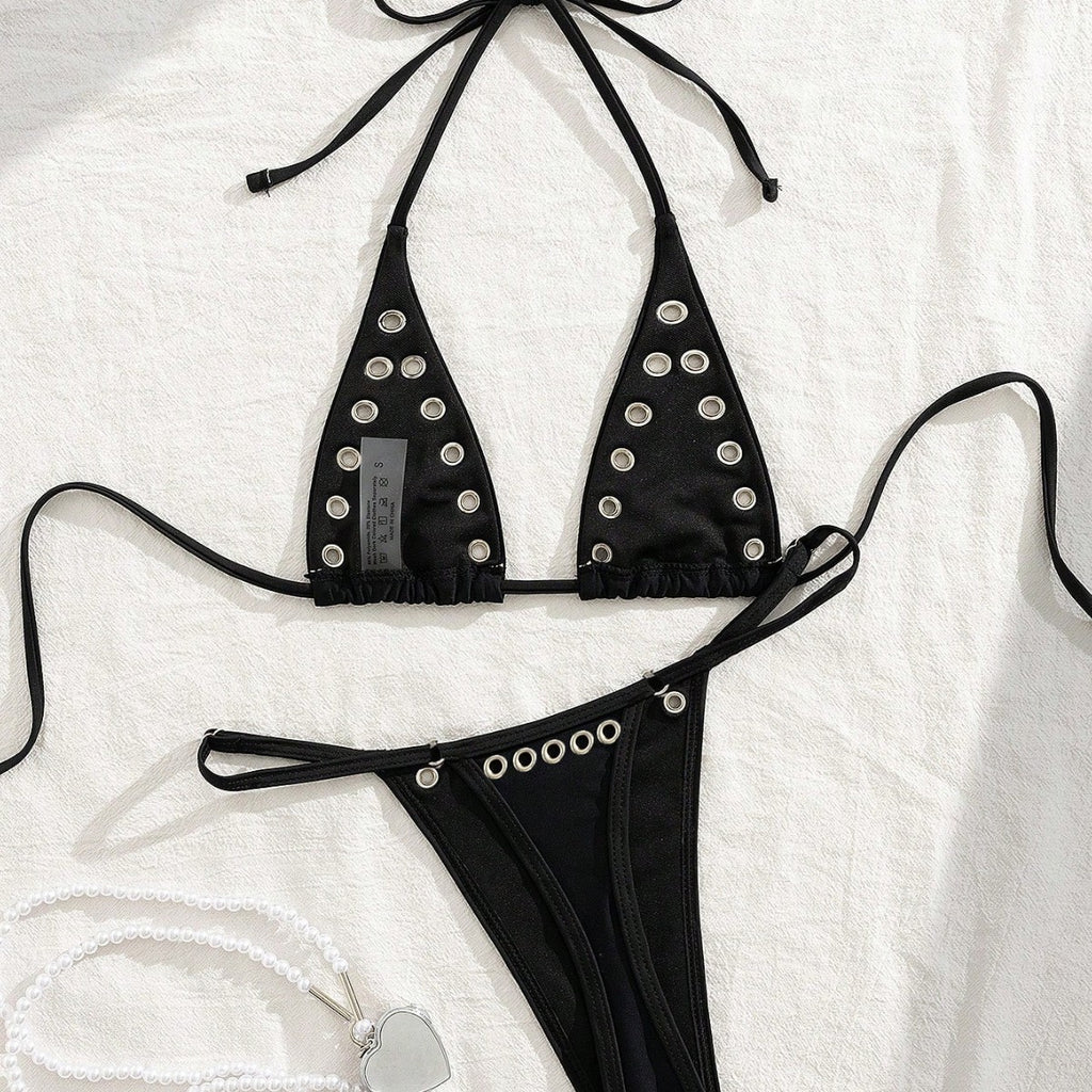 Black neck hanging triangle cup bikini set