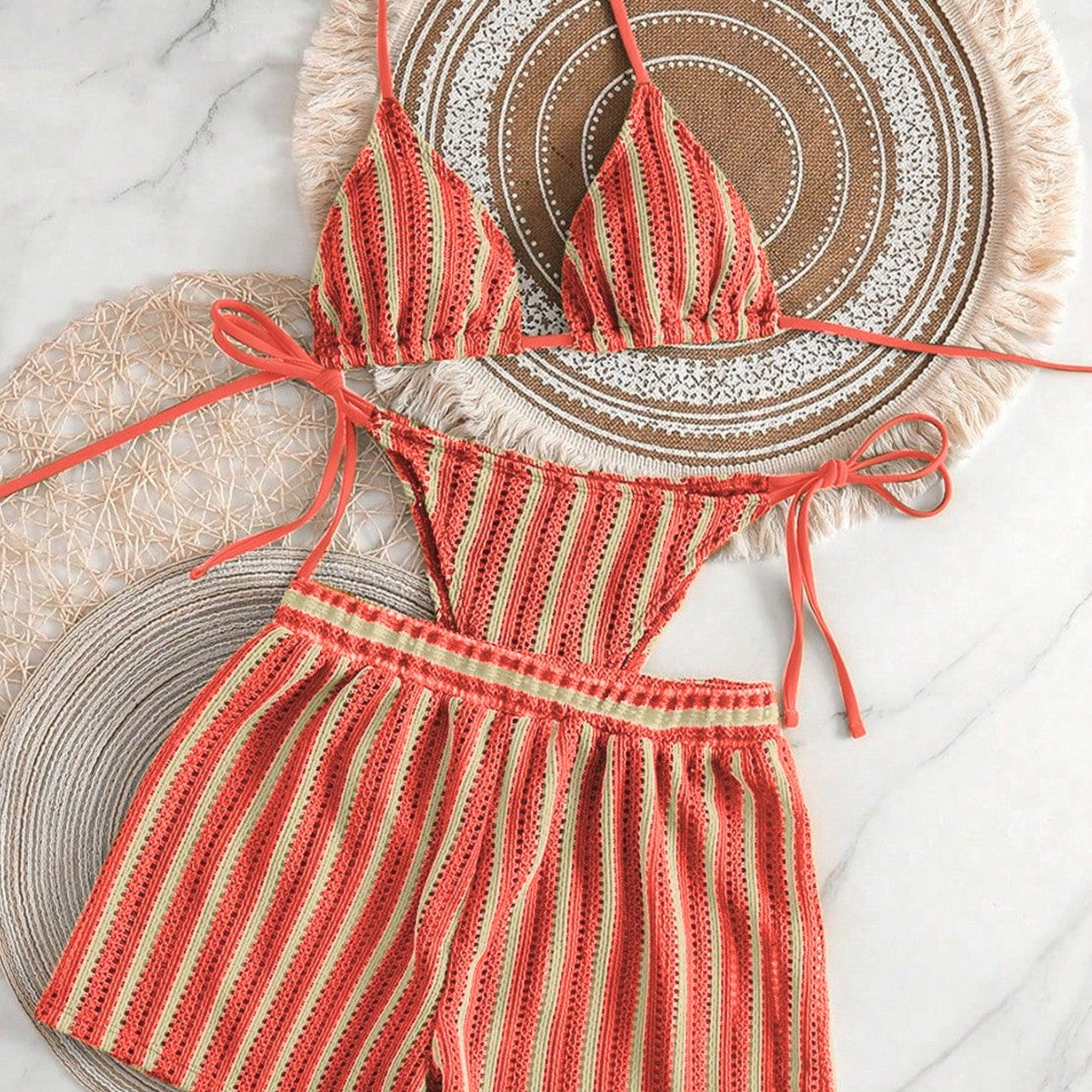 Striped neck hanging bikini swimsuit for women