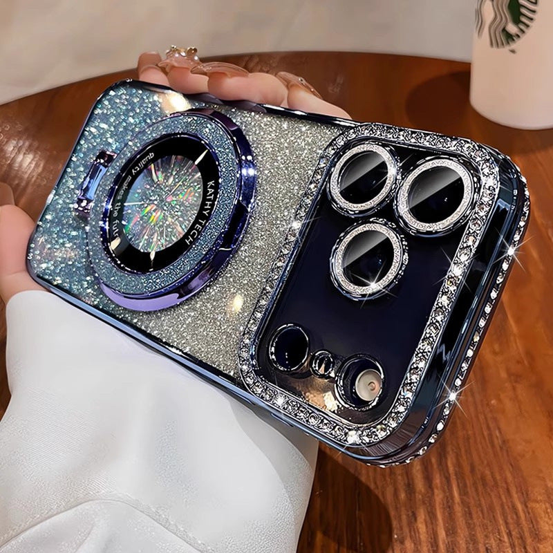 Crystal Glitter Magnetic Mount Bracket for iPhone 17 Pro Max Phone Case with Lens Film, Anti-drop Protection for Apple iPhone 16, 15