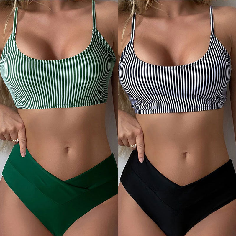 Striped Conservative High-Waisted Bikini Swimwear