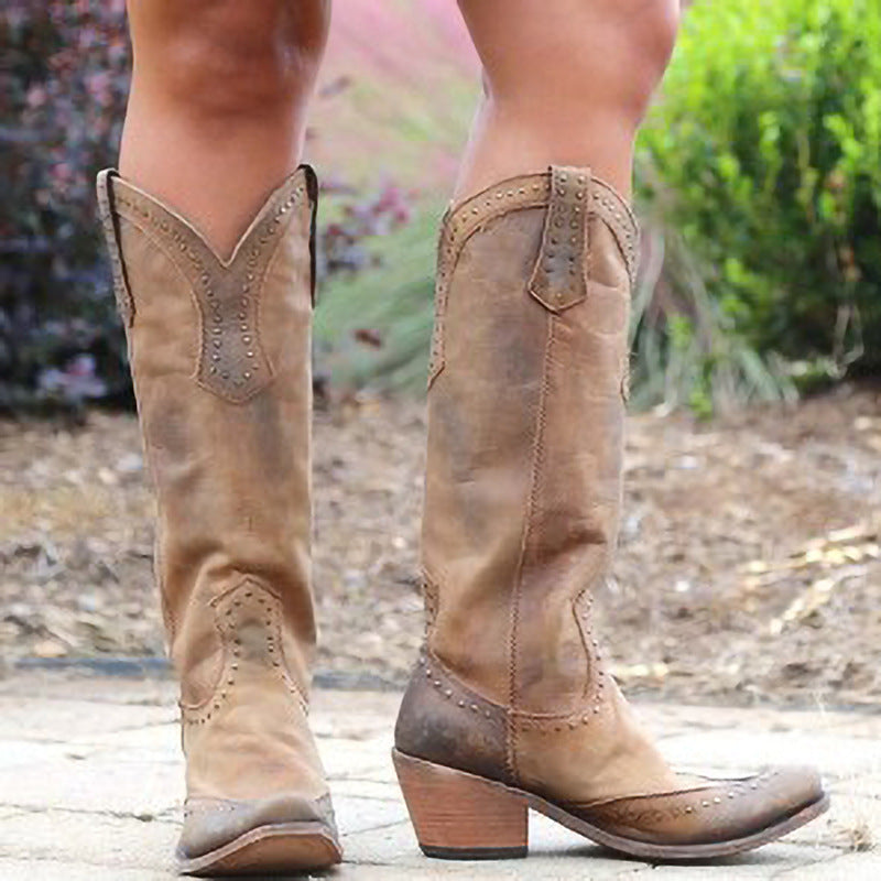 Long boots with rivets retro women's boots