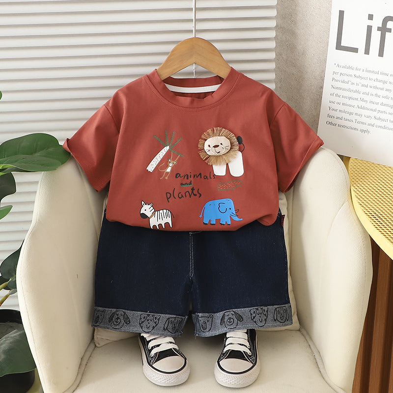 Cartoon animal pattern short sleeved top and shorts set