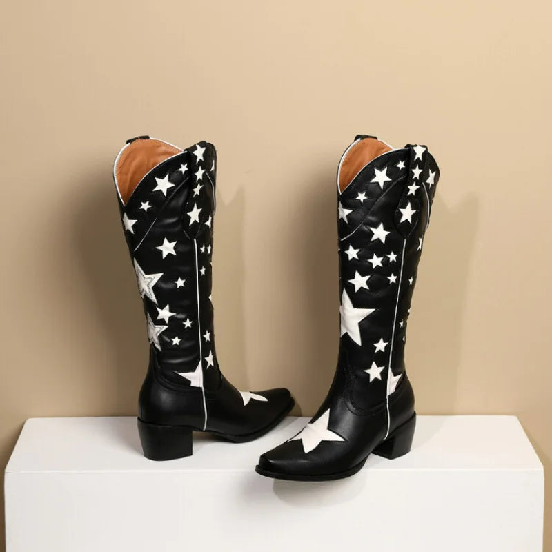 Western Cowboy Boots Women's Medium Block Heels Slip-on Cowgirl Long Boots Woman Autumn Winter Shoes