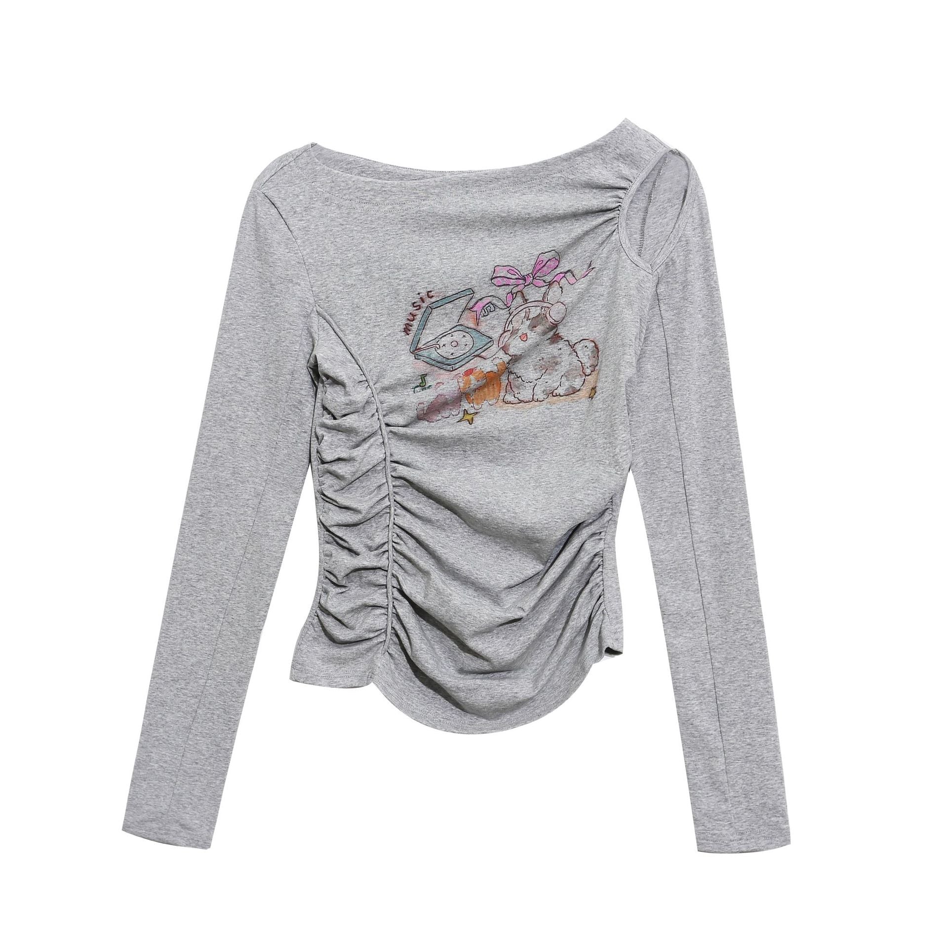Cartoon Print Off-Shoulder Basic Top, One-Shoulder Gathered Waist Slimming Sweet and Spicy Style Top