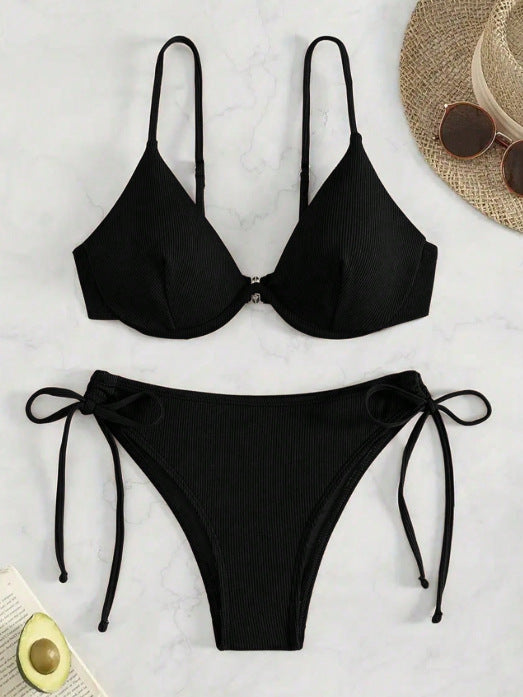 Solid color collar bikini set
