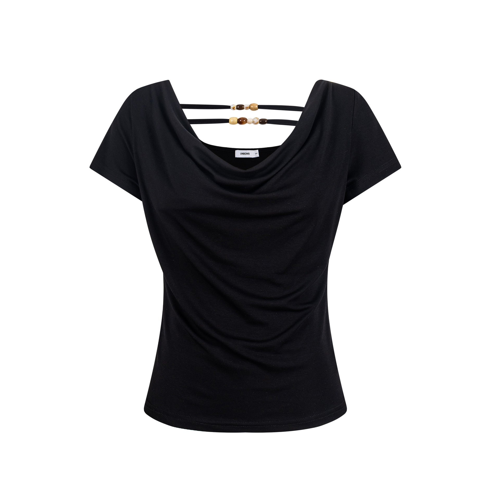 Off-Shoulder Short Sleeve T-Shirt with Back Beaded Detail, Fitted Slim Fit Top