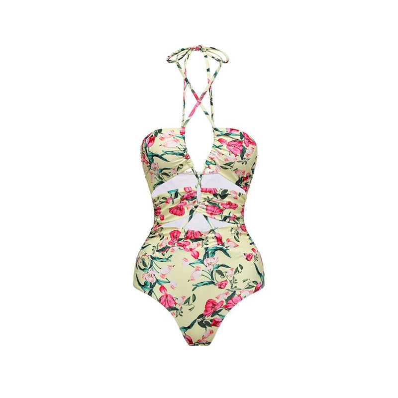 Floral Tie-Up Hollow Out One-Piece Swimsuit Set Dress for Women