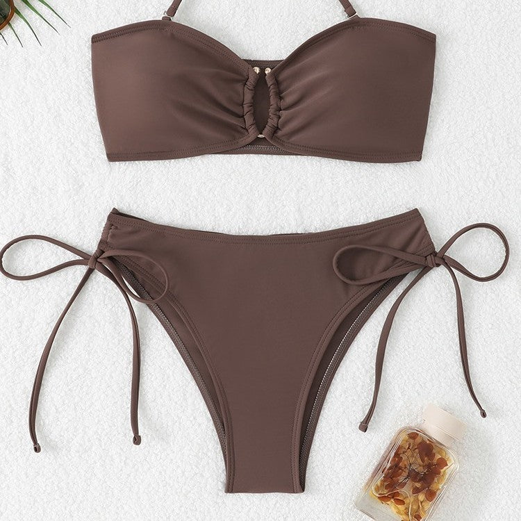 Solid color lace up bikini