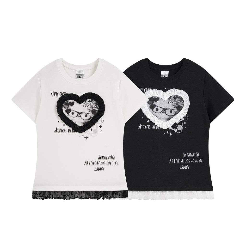 Short Sleeve T-Shirt for Women with Lace Trim Hem, Color-Blocked Edge