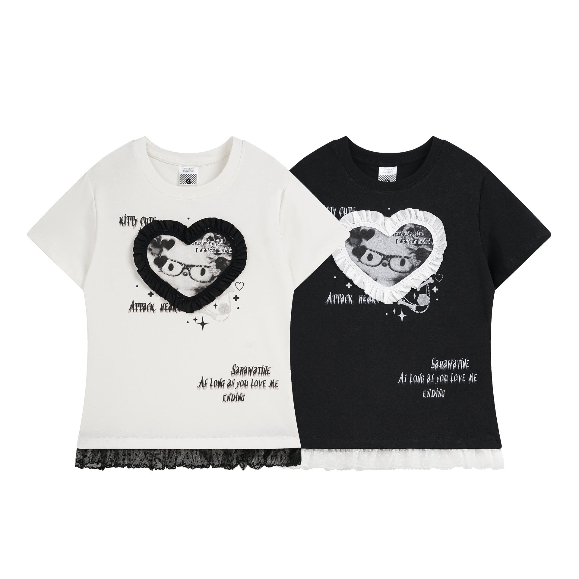 Short Sleeve T-Shirt for Women with Lace Trim Hem, Color-Blocked Edge