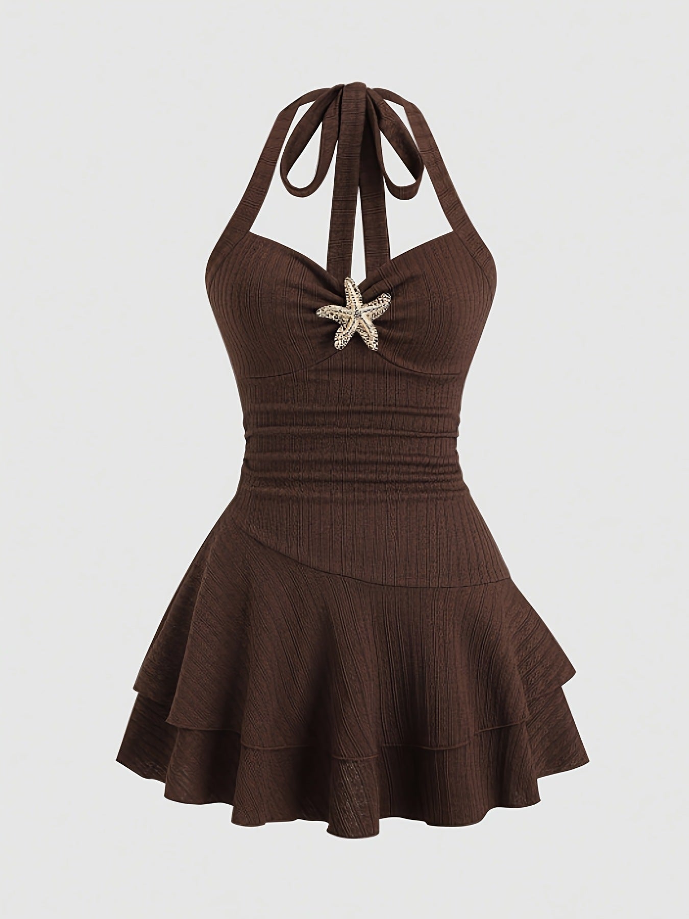 Halter neck slip dress with starfish decoration, pleated, waist-cinching short skirt