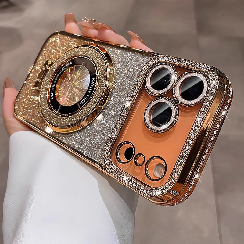 Crystal Glitter Magnetic Mount Bracket for iPhone 17 Pro Max Phone Case with Lens Film, Anti-drop Protection for Apple iPhone 16, 15