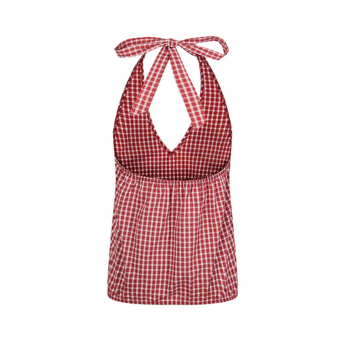 Checkered Slim Fit Sleeveless Casual Short Sleeve Bow Decorated T-Shirt