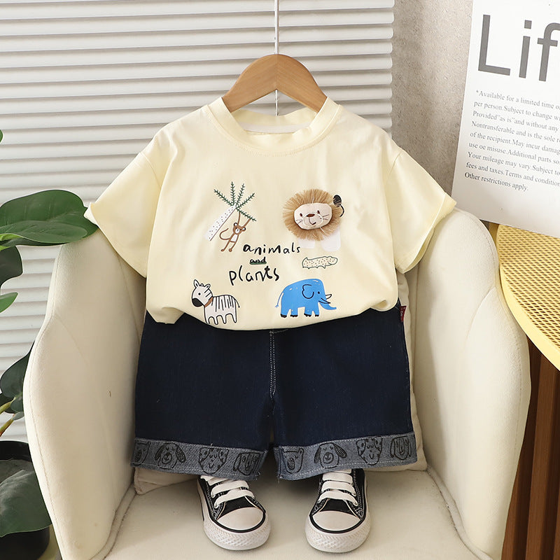 Cartoon animal pattern short sleeved top and shorts set